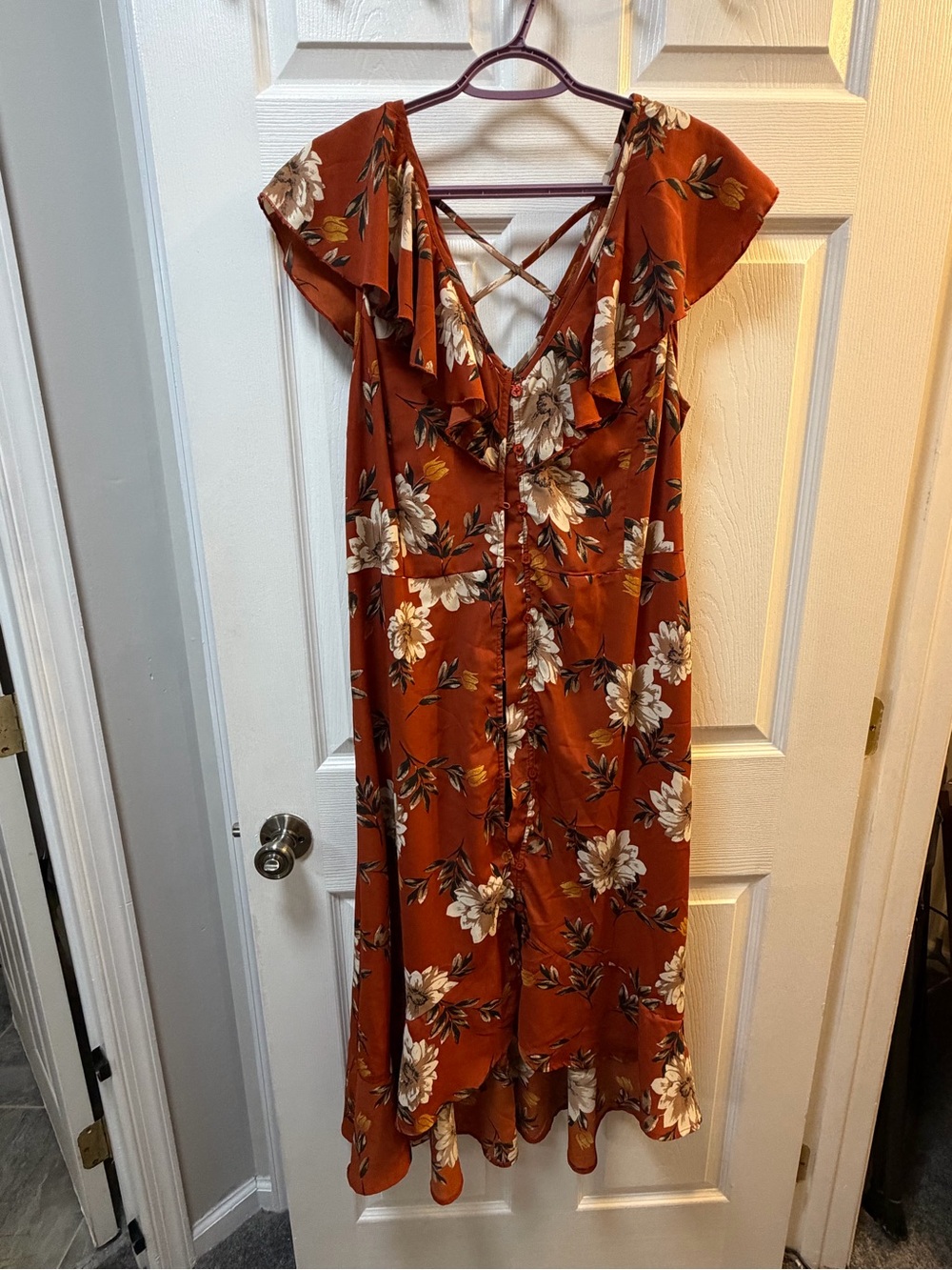Rust Floral Ruffle Hi-Low Dress with V-Neck